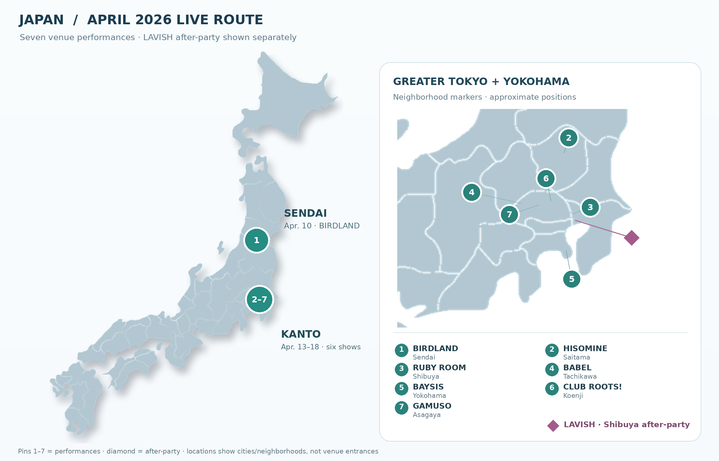 Geographic Japan overview and Greater Tokyo detail for seven April 2026 ANNIKA shows, plus LAVISH in Shibuya as a separate after-party.